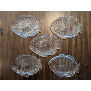 Set of 5 Vintage Clear Glass Fish Shaped Plates Serving Dish Oven Proof USA